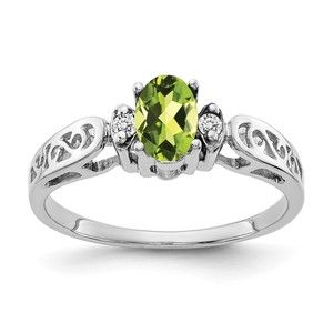 14k White Gold 6x4mm Oval Peridot August Birthstone AA Diamond Ring (Size 6)